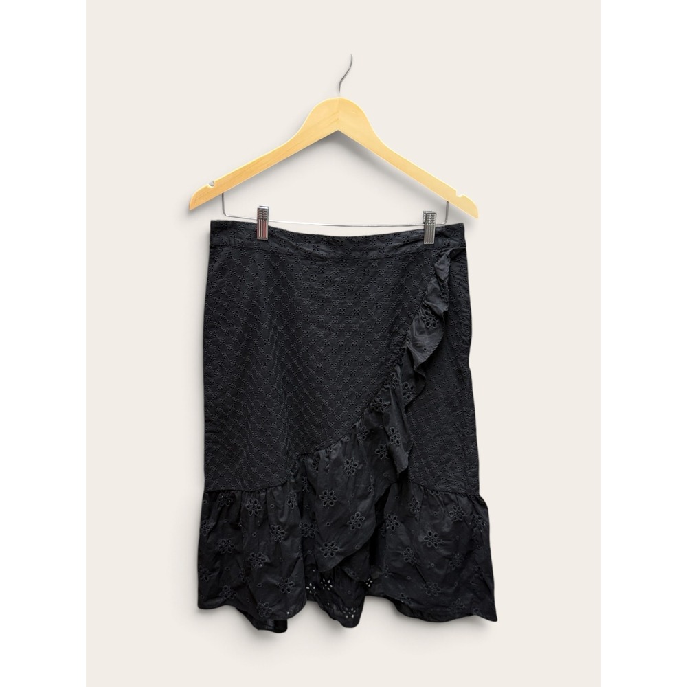 LOFT Black Eyelet Ruffle Wrap Front Midi Skirt Size 10 Floral Embroidered